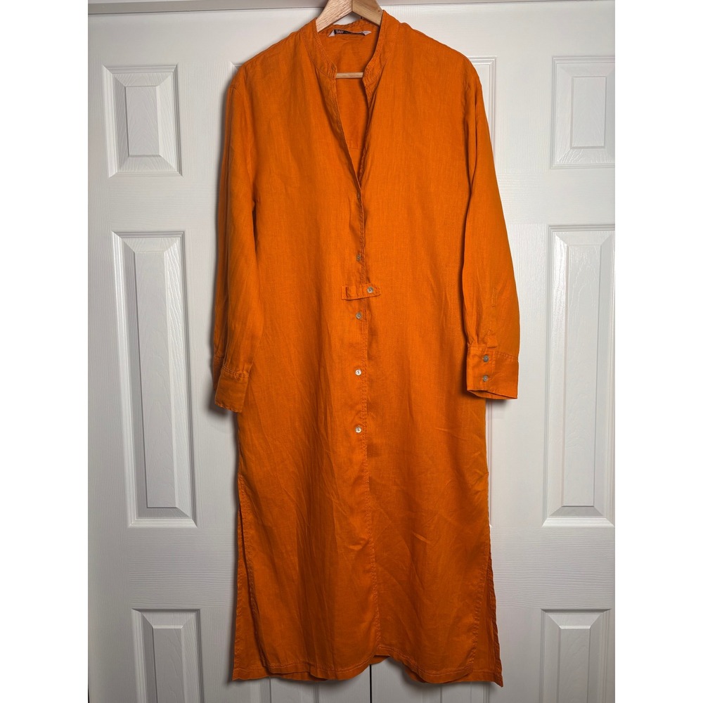 Zara Women Orange 100% Linen Maxi Shirt Dress Long Sleeve Mandarin Collar Small